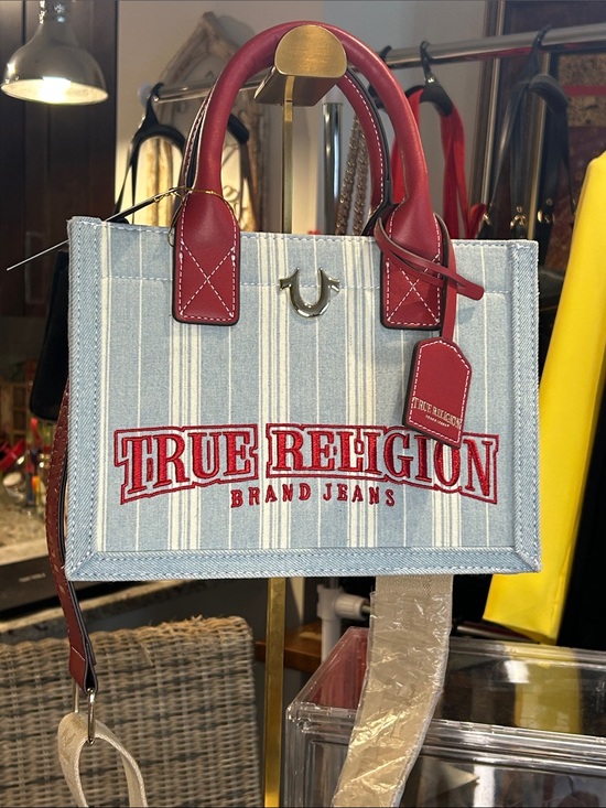 True Religion Handbags - True Religion blue striped denim tote/ red leather trim 10.25”x 4.25”x 7.5” NWT